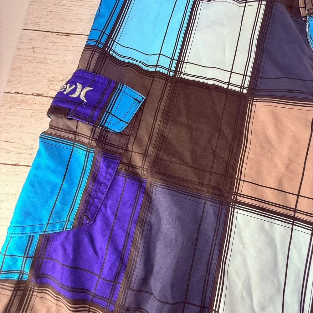 Hurley Phantom Board Shorts Mens 32 Blue Purple Plaid Cargo‎ Pocket Swim Trunks